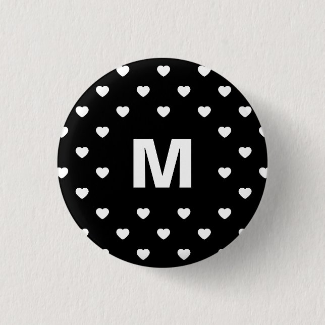 Schwarz-Weiß-Herzen-Punktmuster-Monogramm Button (Vorderseite)