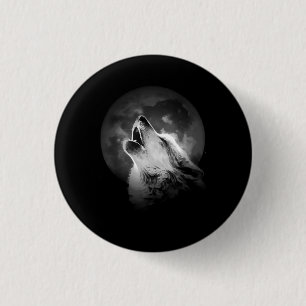 Schwarz & Weiß heulender Wolf & Mond Button