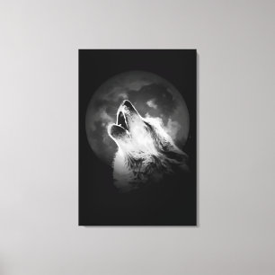 Schwarz-Weiß heulender Wolf und Mond Leinwanddruck