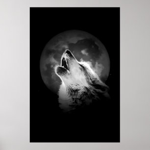 Schwarz-Weiß heulender Wolf und Mond Poster
