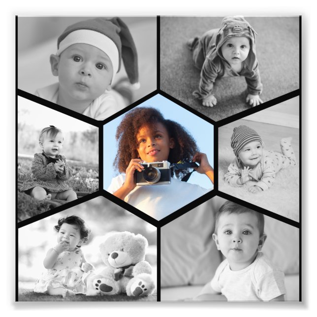 Schwarz-Weiß-Hexagon-FotoCollage Fotodruck (Vorne)