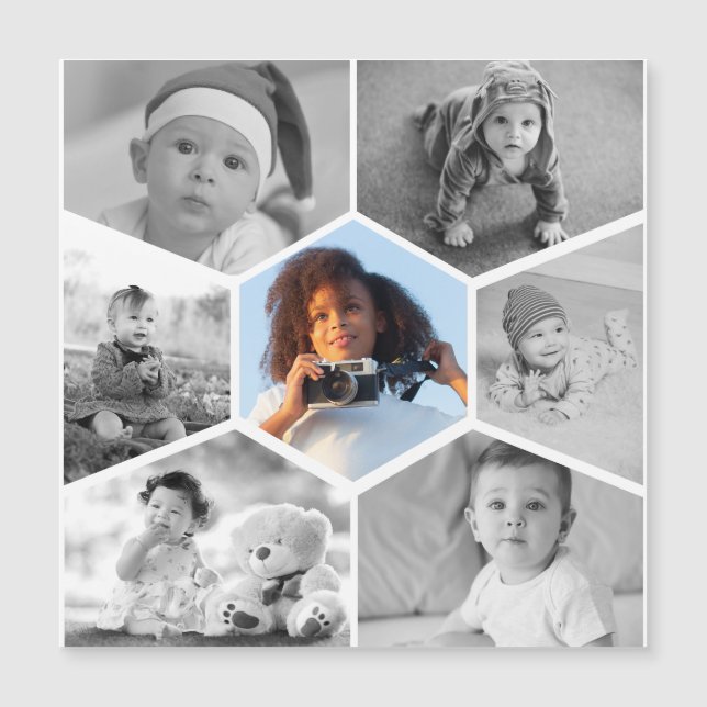 Schwarz-Weiß-Hexagon-FotoCollage Magneteinladung (Vorderseite)