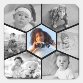Schwarz-Weiß-Hexagon-FotoCollage Quadratischer Aufkleber