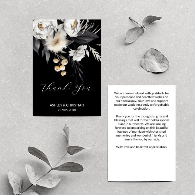 Schwarz-Weiß-Hochzeit Dankeskarte (Black and white elegant boho wedding thank you card white peonies dry pampas grass flowers black)
