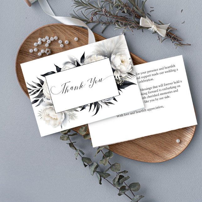 Schwarz-Weiß-Hochzeit Dankeskarte (Black and white boho flowers pampas grass elegant wedding thank you card)