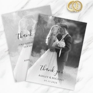 Schwarz-Weiß-Hochzeit-Foto Modernes Skript Einfach Dankeskarte