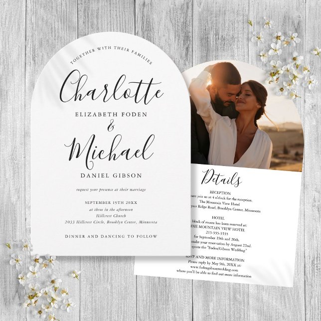 Schwarz-Weiß-Hochzeit in einem Foto Einladung (Black And White All In One Photo Arch Wedding Invitation)