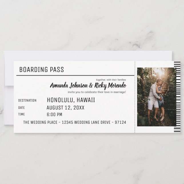 Schwarz-Weiß-Hochzeit in Urlaubsort mit Foto Einladung (Vorderseite)