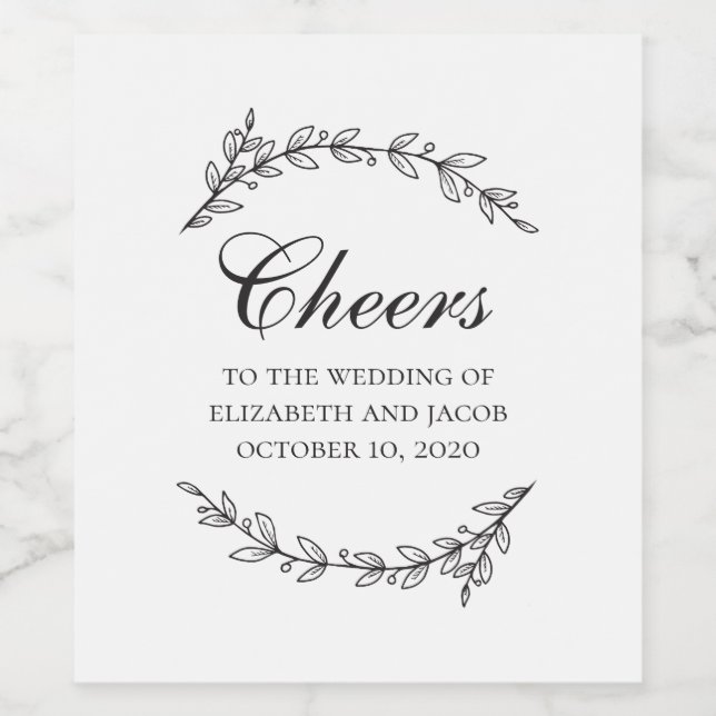 Schwarz-Weiß-Hochzeit mit edlem botanischem Blattw Weinetikett (Einzelnes Label)