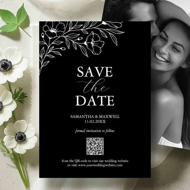 Schwarz-Weiß-Hochzeit rettet die Termine Save The Date (Black and white wedding save the dates with photo and white anemone flowers by Do Tell A Belle)
