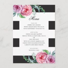 Schwarz-Weiß-Hochzeit. Rosa Blütenfarbe Menükarte