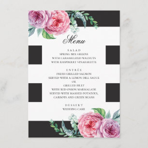 Schwarz-Weiß-Hochzeit. Rosa Blütenfarbe Menükarte