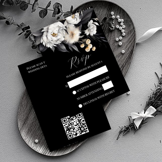 Schwarz-Weiß-Hochzeit Rsvp Karte (Black and white boho wedding rsvp card noir wedding invitation suite black rsvp card white peonies)