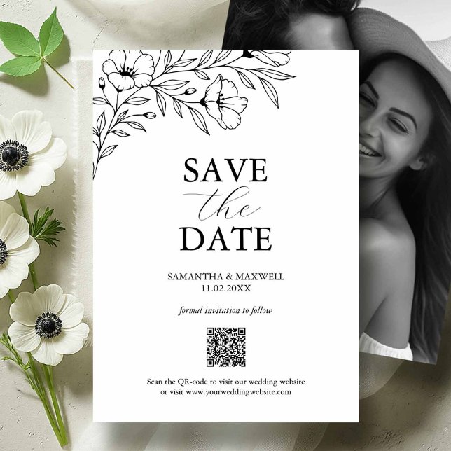 Schwarz-Weiß-Hochzeit spart Termine mit Foto Save The Date (Black and white photo save the dates floral line art by Victoria Grigaliunas of Do Tell A Belle)