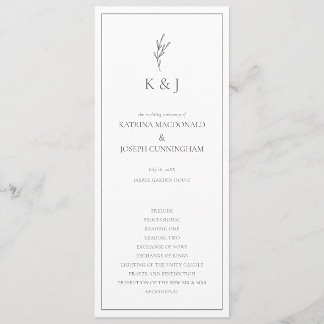 Schwarz-Weiß-Hochzeitsfeier Minimalistisches Elega Programm (Vorderseite)