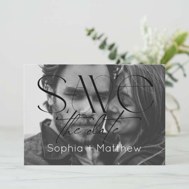 Schwarz-Weiß-Hochzeitsfoto Save The Date (Stehend Vorderseite)
