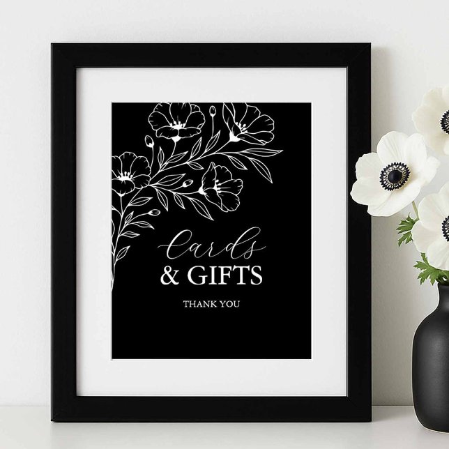 Schwarz-Weiß-Hochzeitskarten und Geschenke Poster (black and white wedding signs cards and gifts floral line art Victoria Grigaliunas of Tell A Belle)