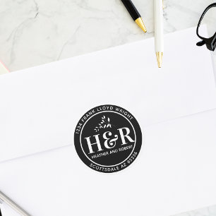 Schwarz-Weiß-Hochzeitsmonogramm-Rücksendeadresse Runder Aufkleber
