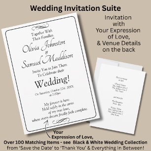 Schwarz-Weiß-Hochzeitspapeterie mit Endlos-Scroll Einladung