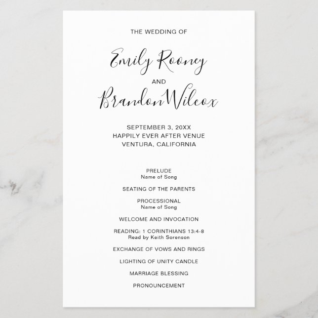 Schwarz-Weiß-Hochzeitsprogramm für das moderne Bud Flyer (Vorne)