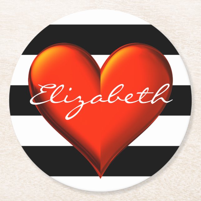 Schwarz-Weiß-Horiz-Streifen rotes Metallic-Herz-Mo Runder Pappuntersetzer (Vorderseite)