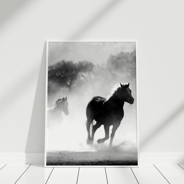 Schwarz-Weiß-Horst-Plakat drucken Poster (Black and White Horse Poster Print in a white frame.)