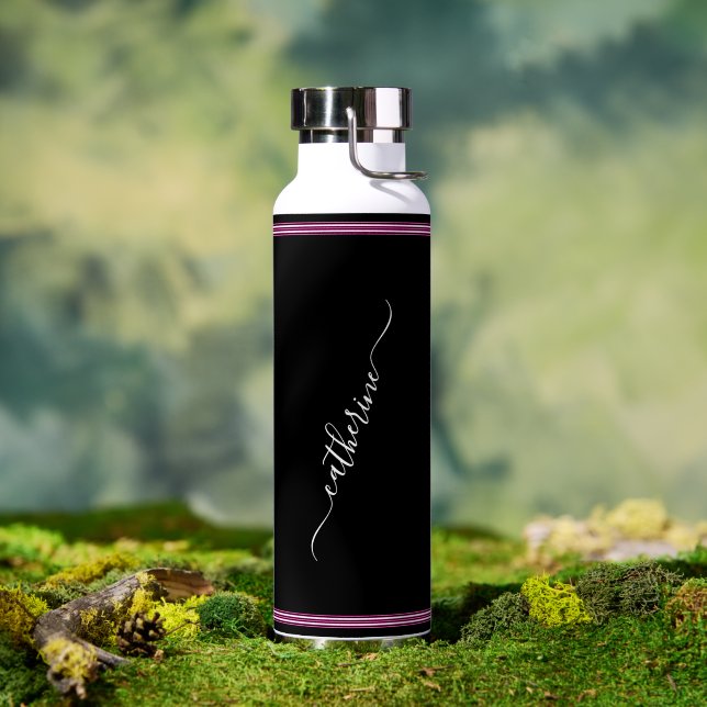 Schwarz Weiß Hot Pink Elegant Moderne Schrift Name Trinkflasche (Außenbereich (gedreht))