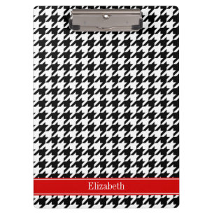 Schwarz Weiß Houndstooth Rot Name Monogramm Klemmbrett