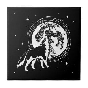 Schwarz-Weiß-Howling Husky Moon Linocut Fliese
