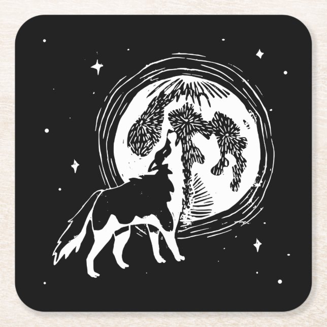 Schwarz-Weiß-Howling Husky Moon Linocut Rechteckiger Pappuntersetzer (Vorderseite)