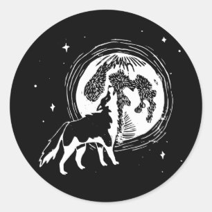 Schwarz-Weiß-Howling Husky Moon Linocut Runder Aufkleber