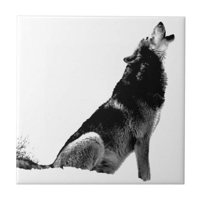 Schwarz-weiß Howling Wolf Fliese (Vorderseite)