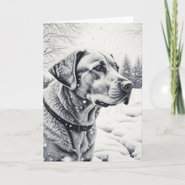 Schwarz-Weiß-Hund-KI-Sketch-Winterlandschaft Karte (Vorderseite)