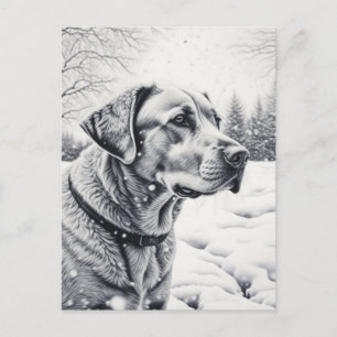 Schwarz-Weiß-Hund-KI-Sketch-Winterlandschaft Postkarte