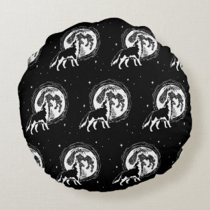 Schwarz-Weiß-Husky-Moon-Linocut-Muster Rundes Kissen