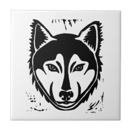 Schwarz-Weiß-Husky-Portrait Lino Cut Print Fliese