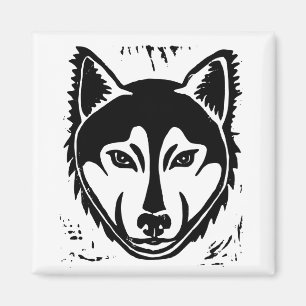 Schwarz-Weiß-Husky-Portrait Lino Cut Print Magnet