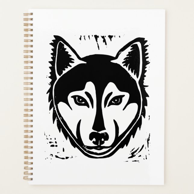 Schwarz-Weiß-Husky-Portrait Lino Cut Print Planer (Vorderseite)