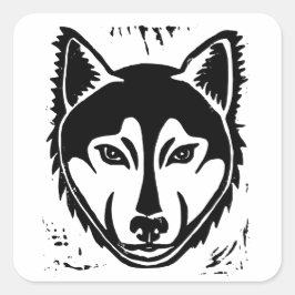 Schwarz-Weiß-Husky-Portrait Lino Cut Print Quadratischer Aufkleber