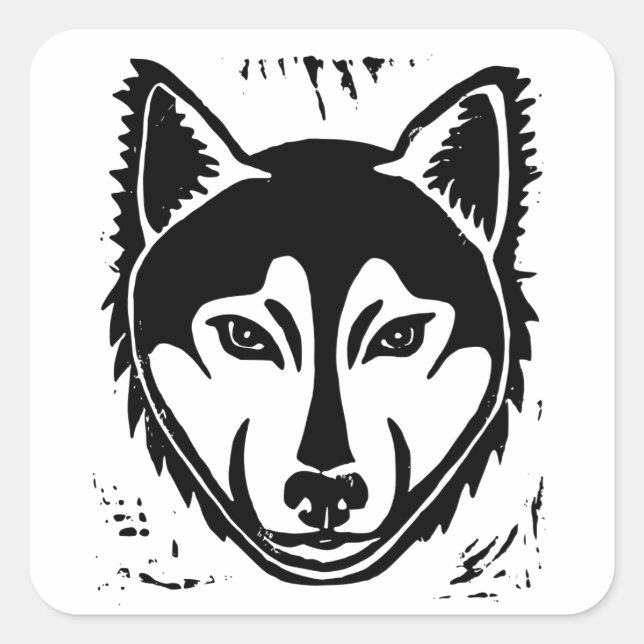 Schwarz-Weiß-Husky-Portrait Lino Cut Print Quadratischer Aufkleber (Vorderseite)