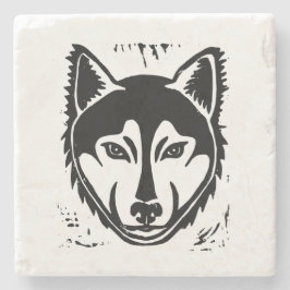 Schwarz-Weiß-Husky-Portrait Lino Cut Print Steinuntersetzer