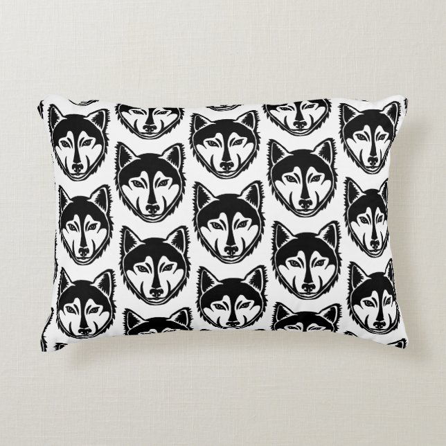 Schwarz-Weiß-Husky-Portrait Lino-Schnittmuster Dekokissen (Vorderseite)