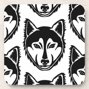 Schwarz-Weiß-Husky-Portrait Lino-Schnittmuster Getränkeuntersetzer