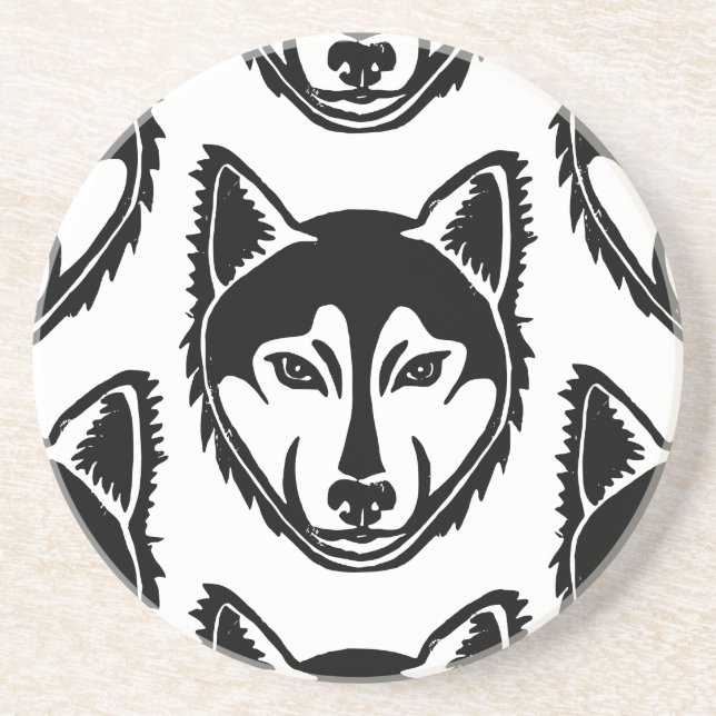 Schwarz-Weiß-Husky-Portrait Lino-Schnittmuster Getränkeuntersetzer (Vorne)
