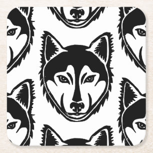 Schwarz-Weiß-Husky-Portrait Lino-Schnittmuster Rechteckiger Pappuntersetzer
