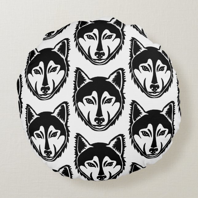 Schwarz-Weiß-Husky-Portrait Lino-Schnittmuster Rundes Kissen (Rückseite)