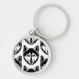 Schwarz-Weiß-Husky-Portrait Lino-Schnittmuster Schlüsselanhänger