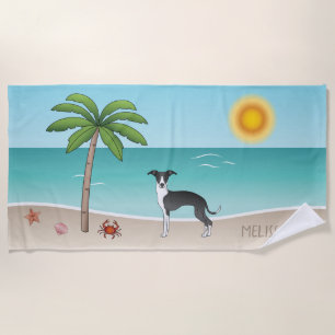 Schwarz-Weiß-Iggy-Hund im tropischen Sommer Beach Strandtuch