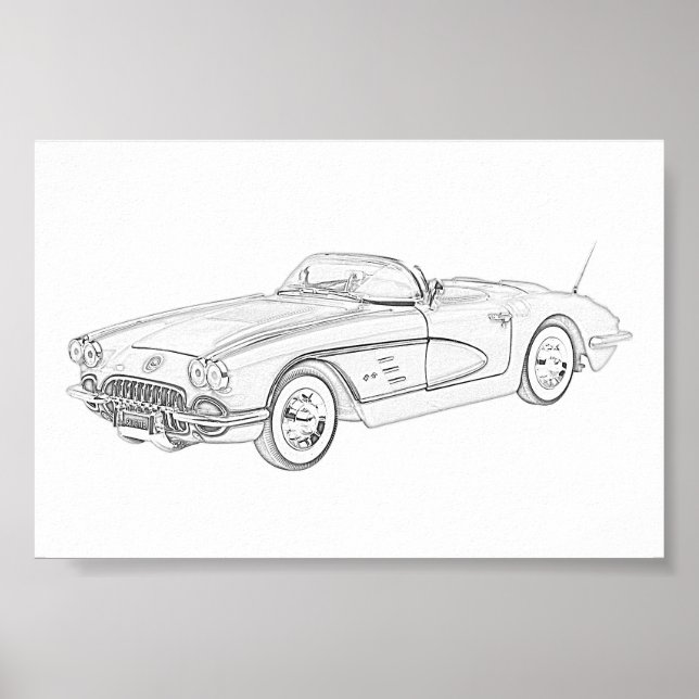 Schwarz-Weiß-Illustration 1958 Chevy Corvette Poster (Vorne)