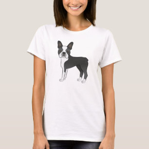 Schwarz-weiß-Illustration eines Boston-Terrier-Hun T-Shirt